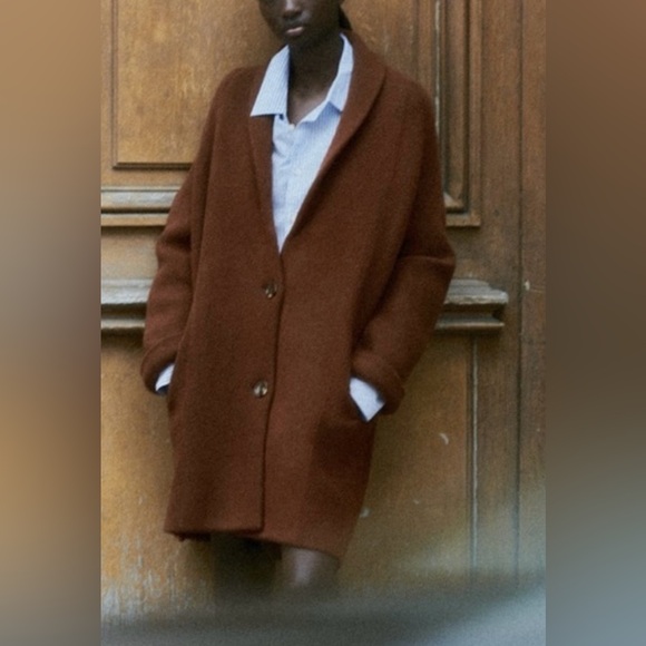 ZARA BROWN KNIT COAT LONG SLEEVES WITH CUFFS - Picture 1 of 5